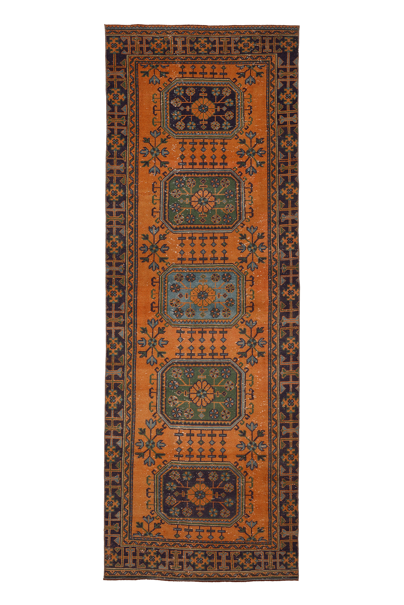 Vintage Konya Turkish Runner Rug 3x11 ft — Orange & Green Geometric