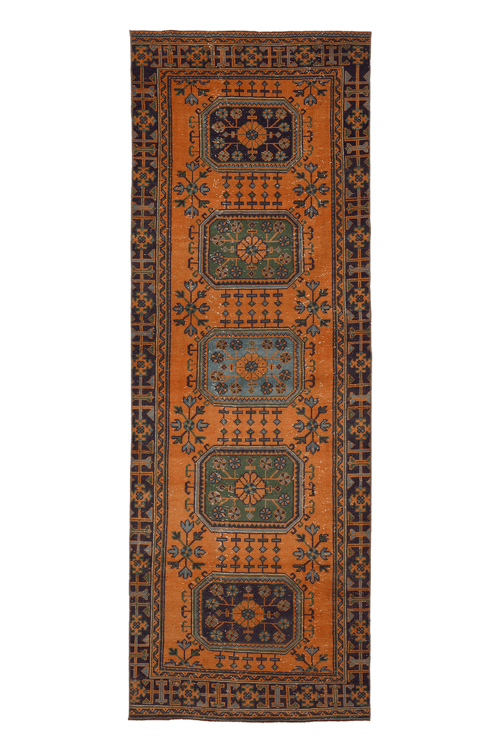 Vintage Konya Turkish Runner Rug 3x11 ft — Orange & Green Geometric