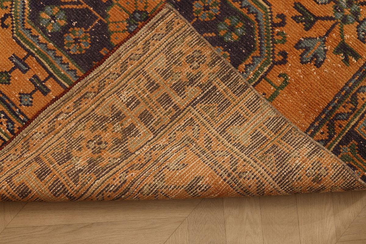 Vintage Konya Turkish Runner Rug 3x11 ft — Orange & Green Geometric
