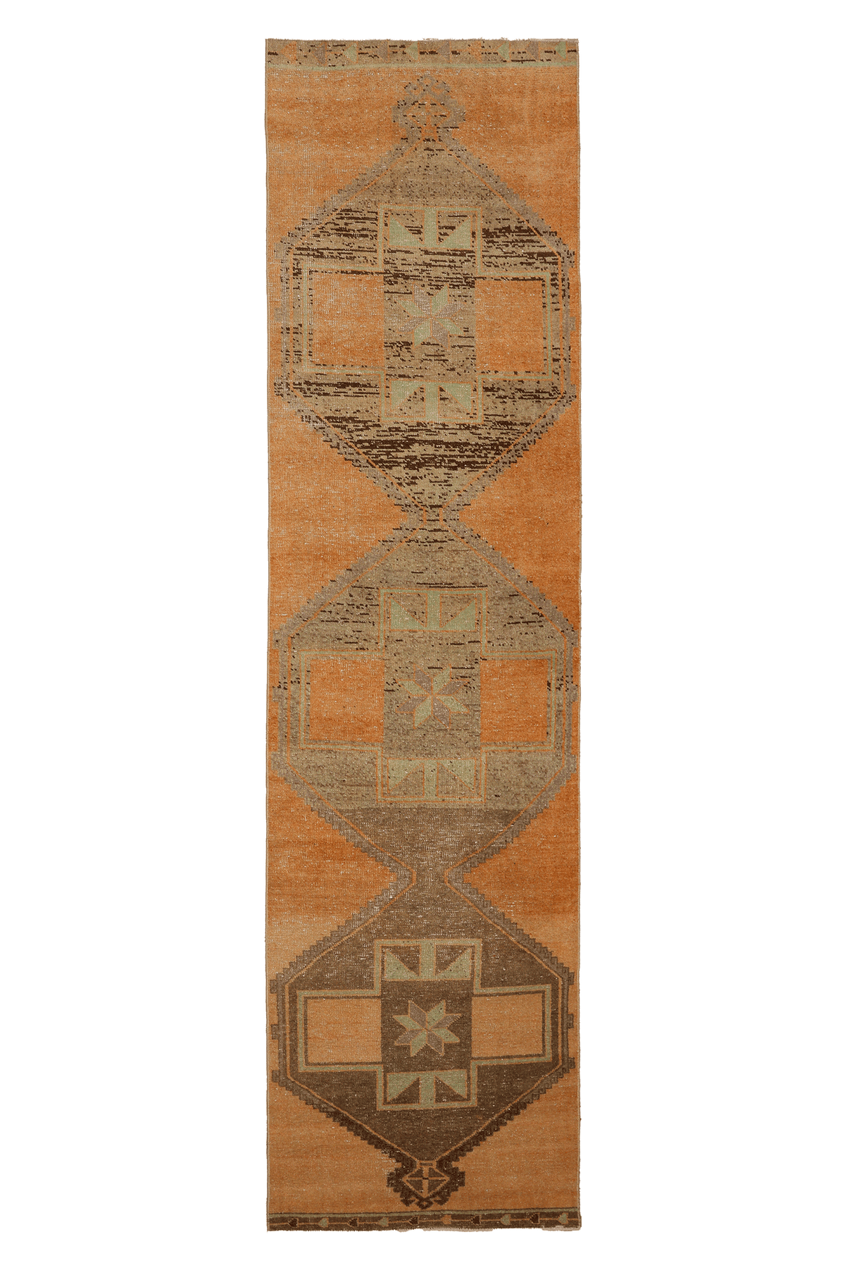 Vintage Malatya Turkish Runner Rug 3x12 ft — Orange & Brown Geometric (No. 23741)