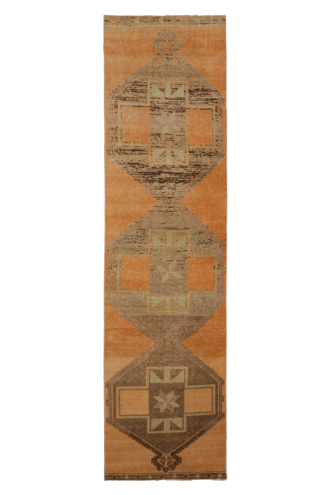 Vintage Malatya Turkish Runner Rug 3x12 ft — Orange & Brown Geometric (No. 23741)