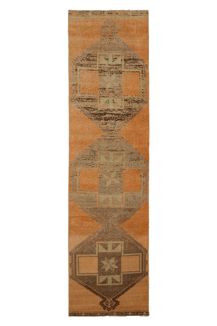 Vintage Malatya Turkish Runner Rug 3x12 ft — Orange & Brown Geometric (No. 23741)