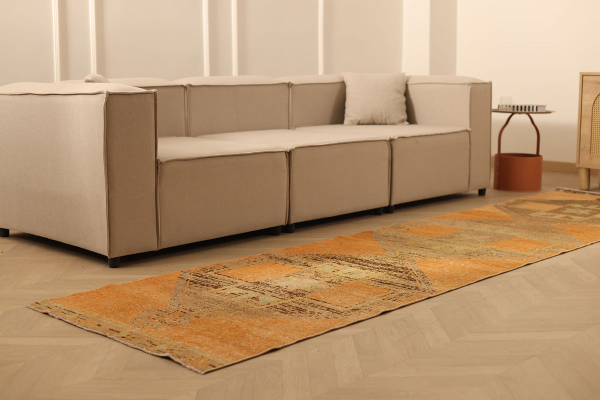 Vintage Malatya Turkish Runner Rug 3x12 ft — Orange & Brown Geometric (No. 23741)