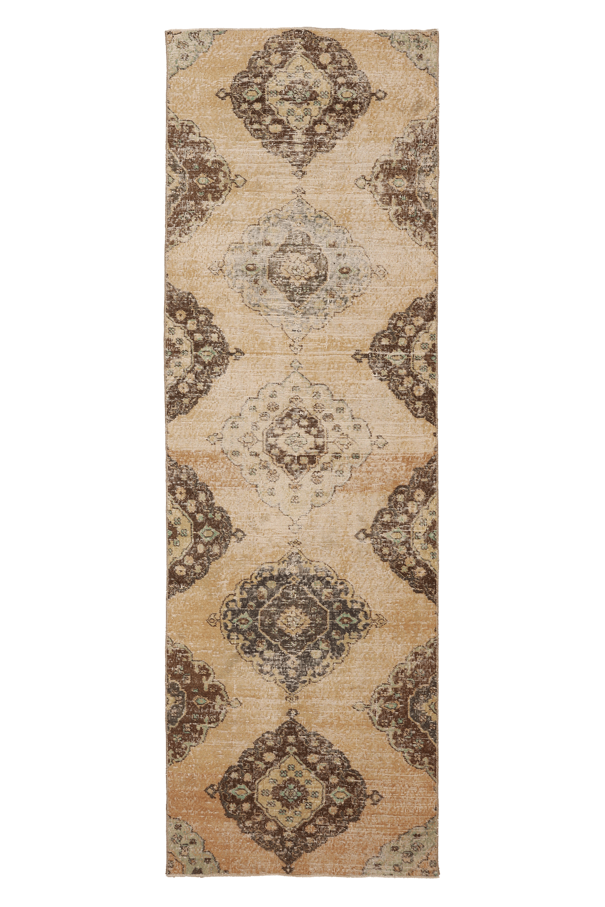 Vintage Konya Turkish Runner Rug 3x10 ft — Beige & Brown Floral