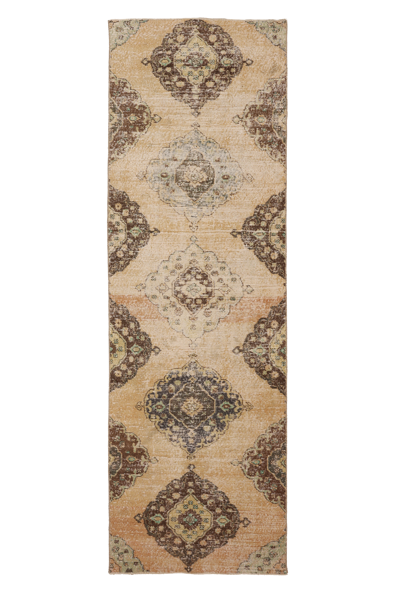 Vintage Konya Turkish Runner Rug 3x10 ft — Beige & Brown Floral
