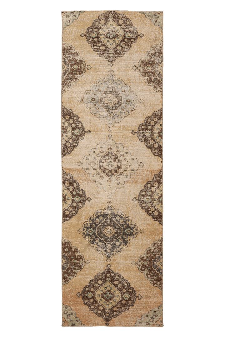 Vintage Konya Turkish Runner Rug 3x10 ft — Beige & Brown Floral