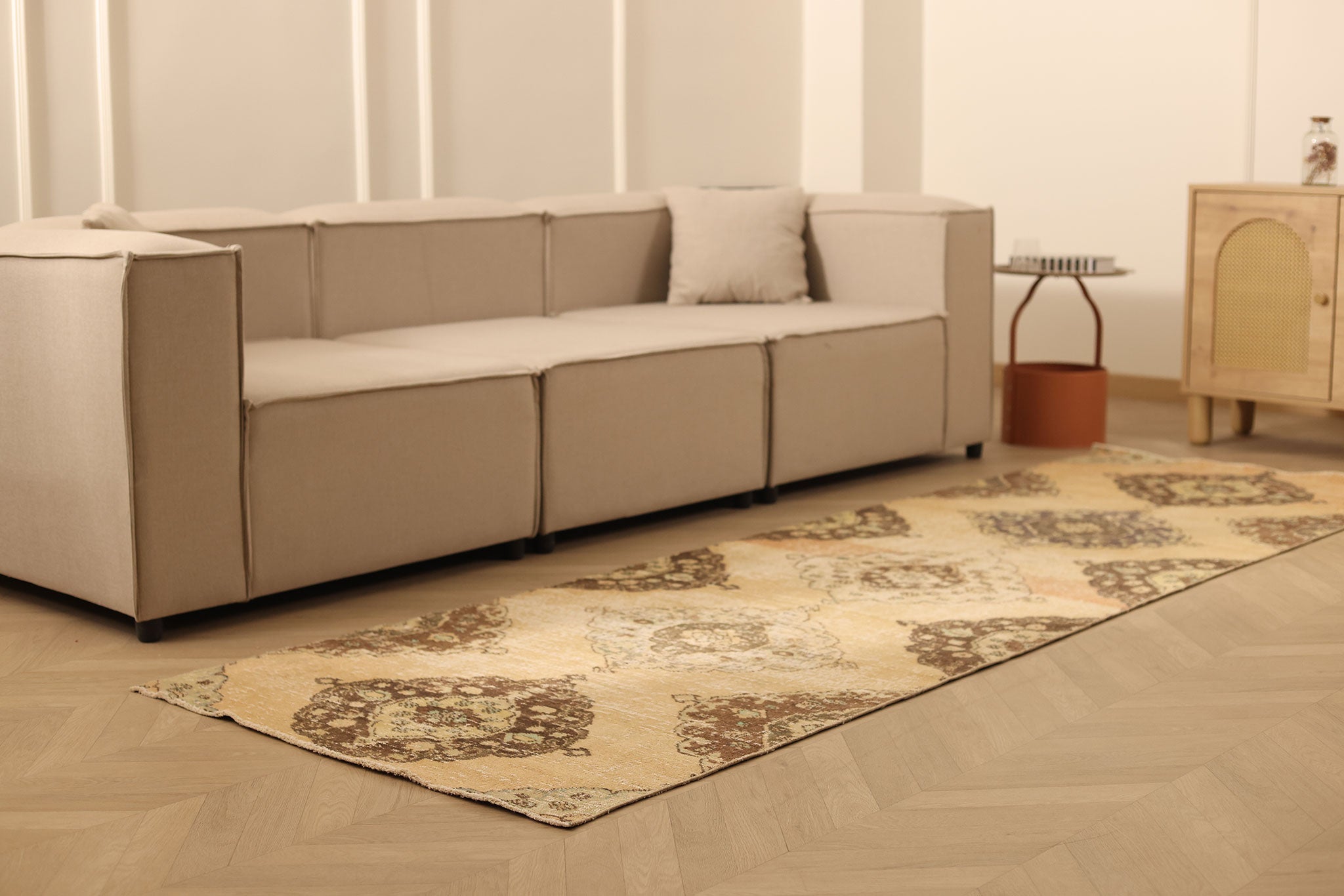Vintage Konya Turkish Runner Rug 3x10 ft — Beige & Brown Floral