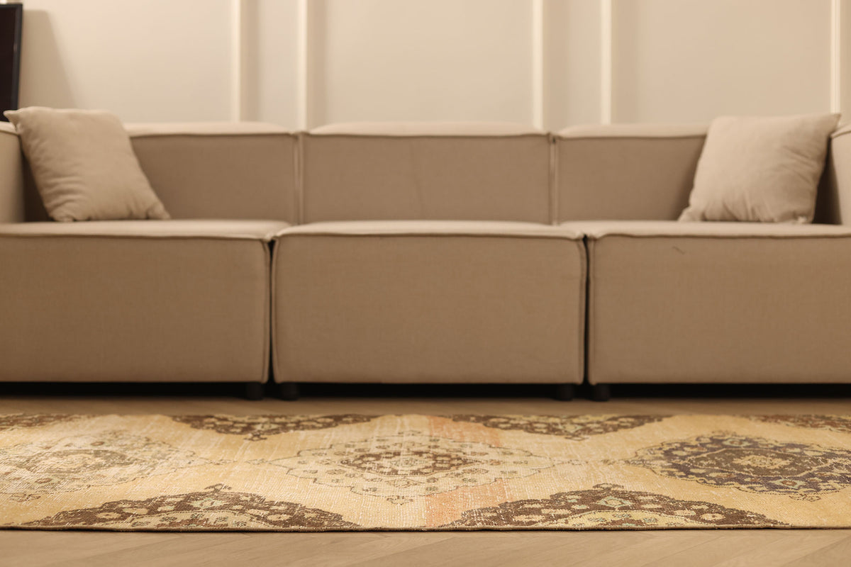 Vintage Konya Turkish Runner Rug 3x10 ft — Beige & Brown Floral