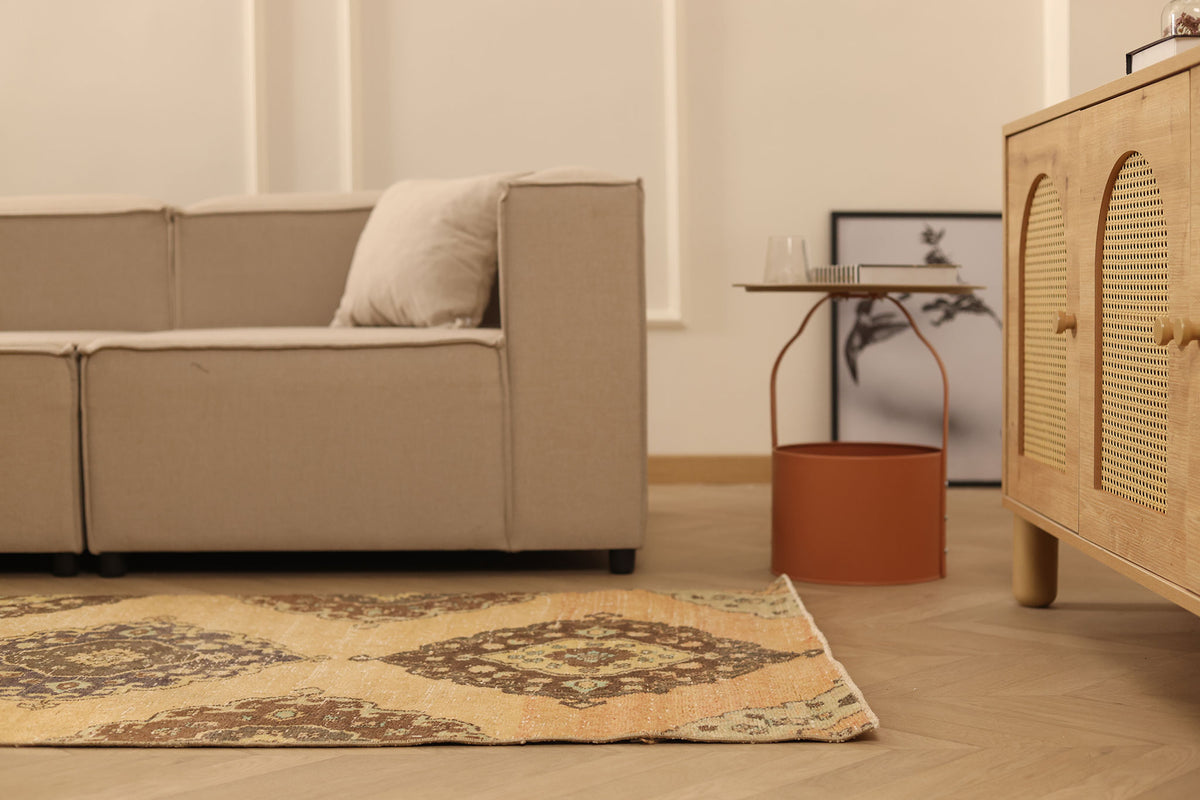 Vintage Konya Turkish Runner Rug 3x10 ft — Beige & Brown Floral