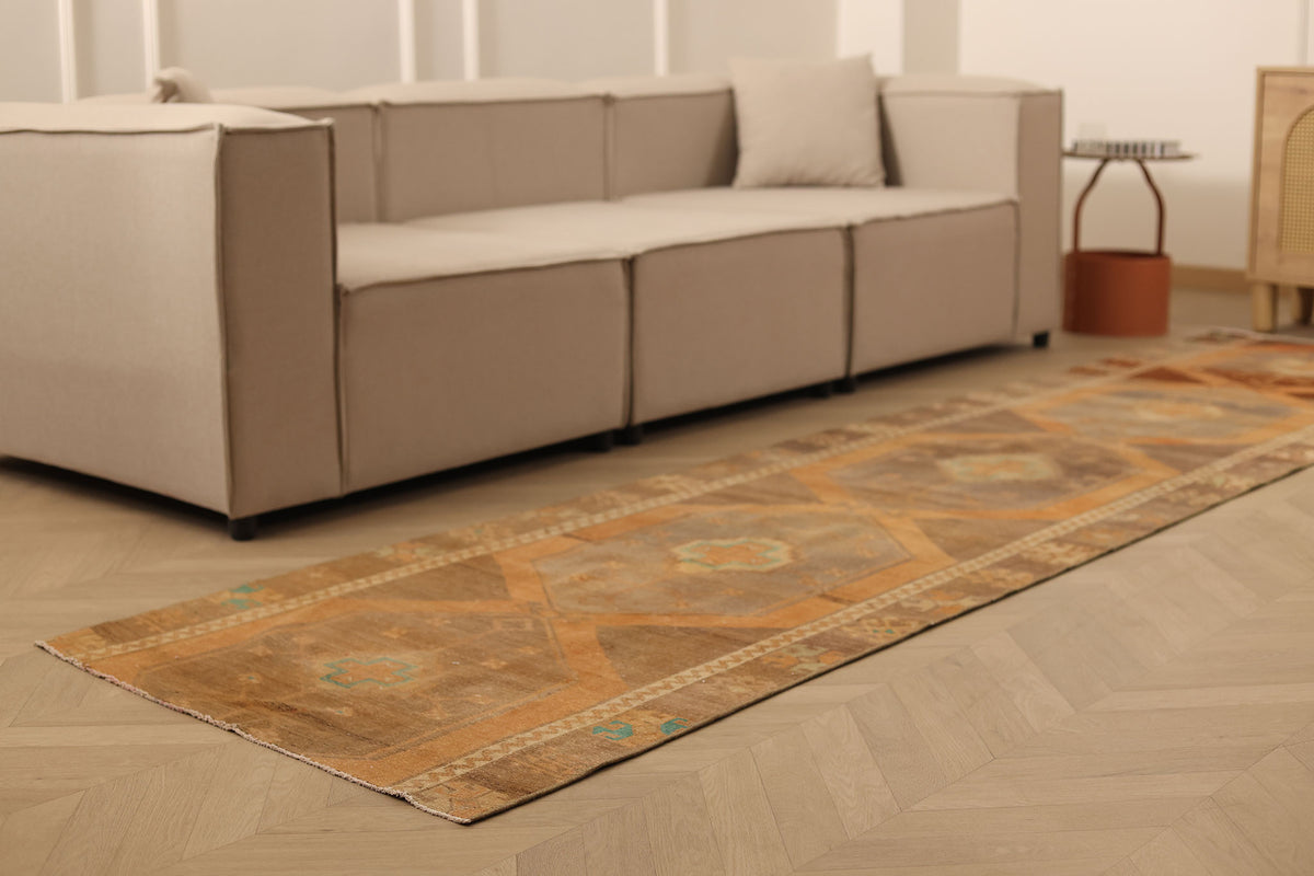 Vintage Malatya Turkish Runner Rug 3x12 ft — Brown & Orange Geometric