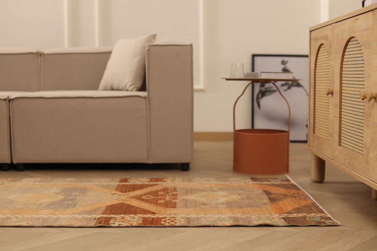 Vintage Malatya Turkish Runner Rug 3x12 ft — Brown & Orange Geometric