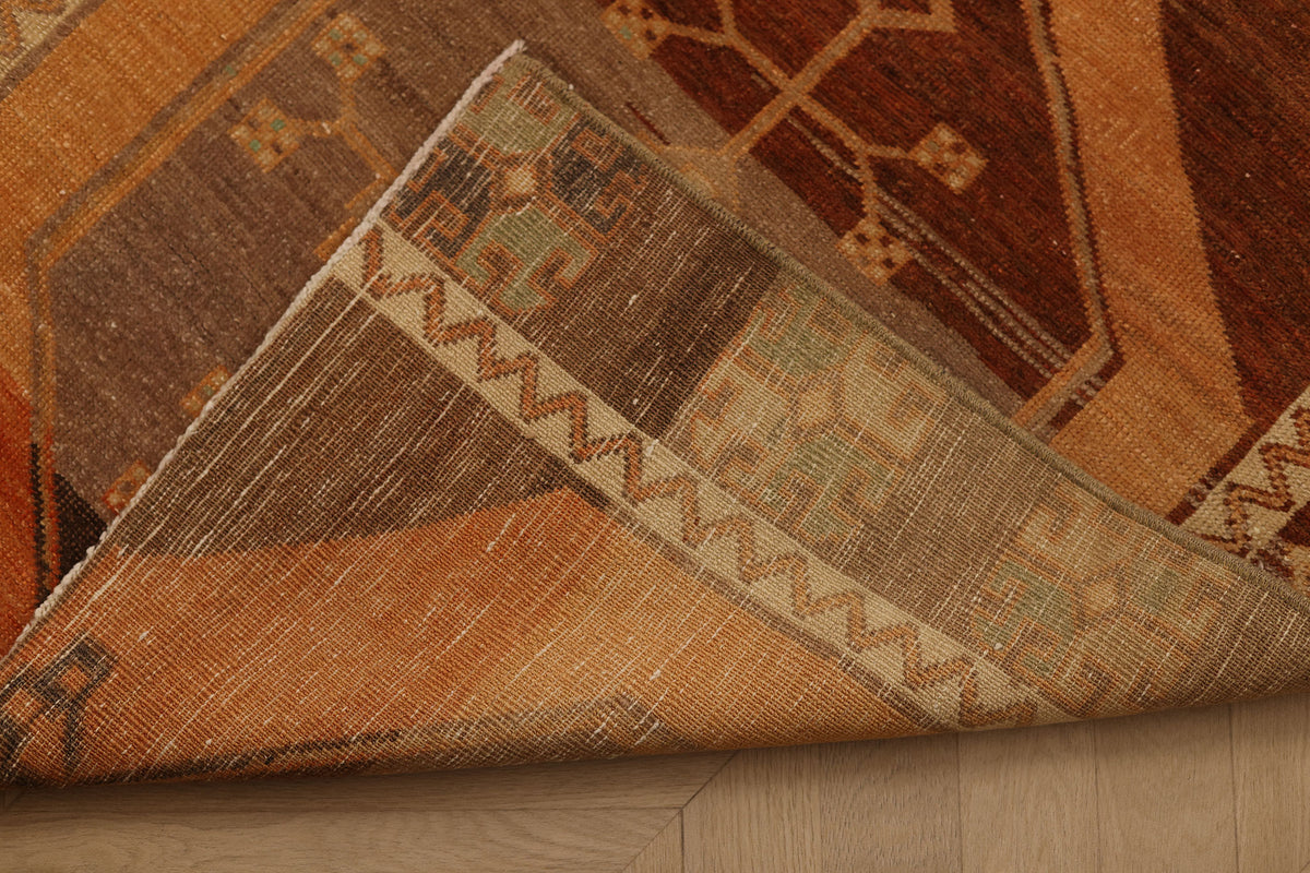 Vintage Malatya Turkish Runner Rug 3x12 ft — Brown & Orange Geometric