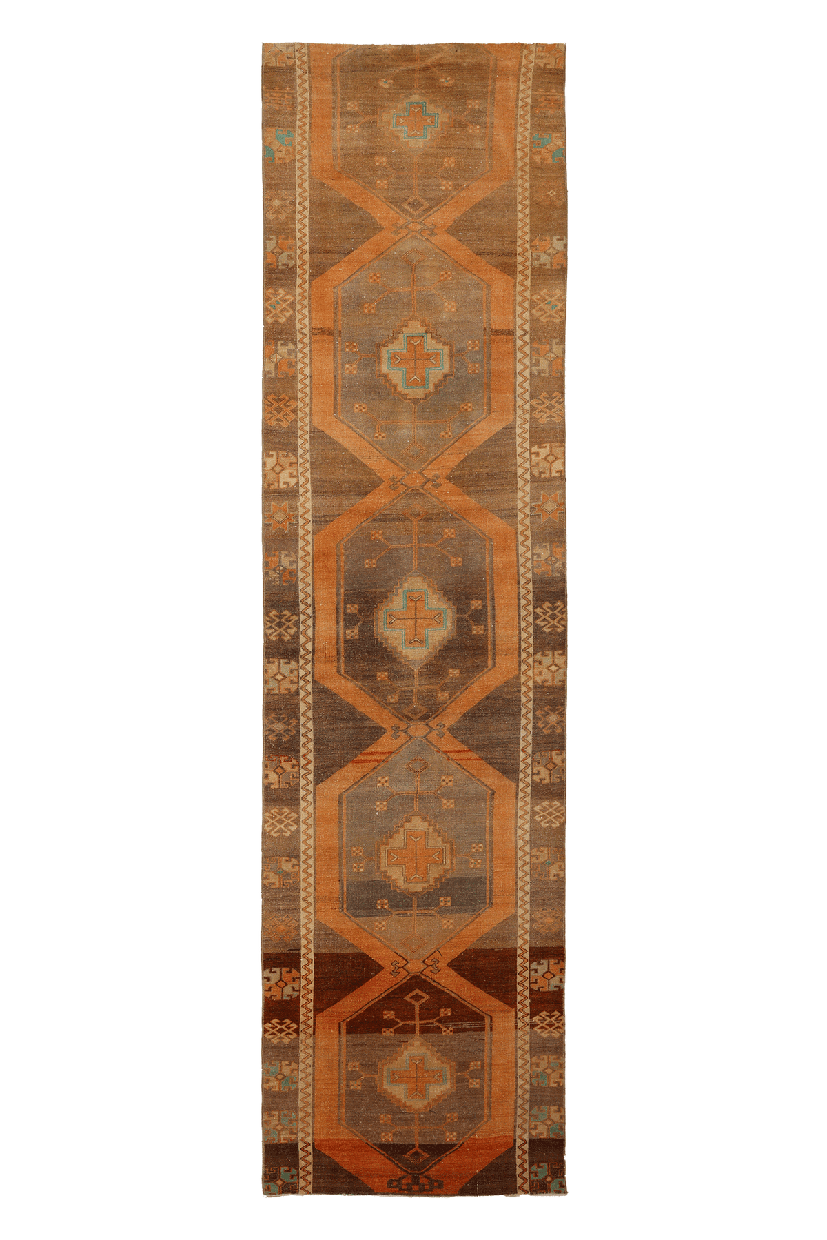 Vintage Malatya Turkish Runner Rug 3x12 ft — Brown & Orange Geometric