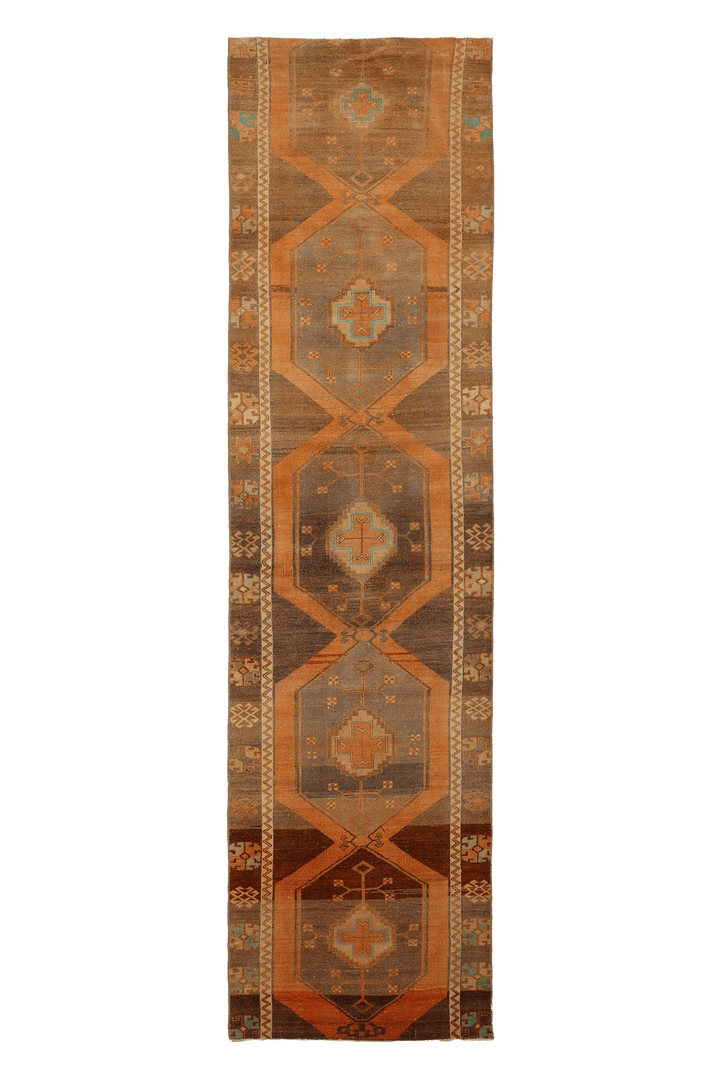 Vintage Malatya Turkish Runner Rug 3x12 ft — Brown & Orange Geometric