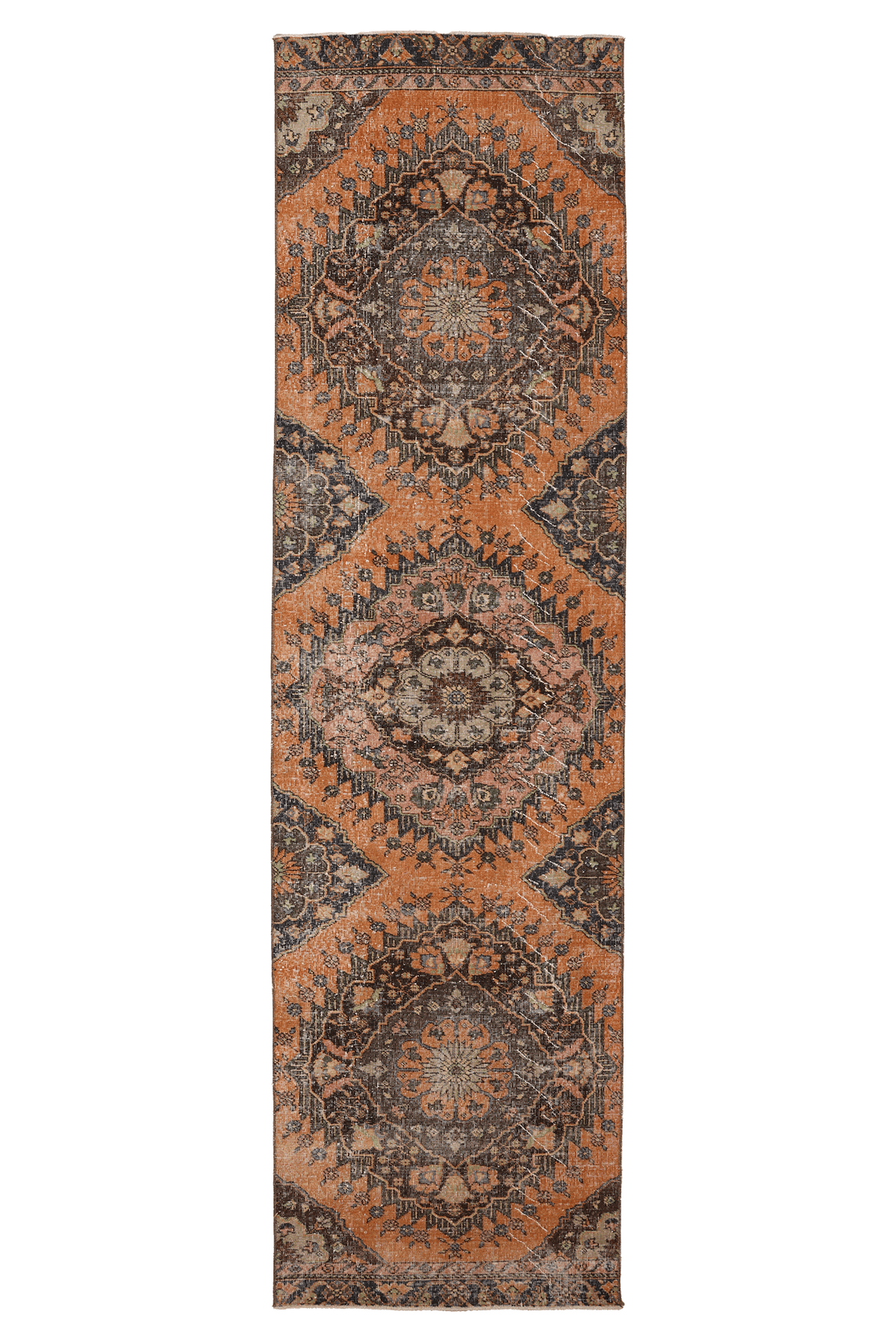 Vintage Konya Turkish Runner Rug 3x12 ft — Orange & Brown Floral (No. 23744)