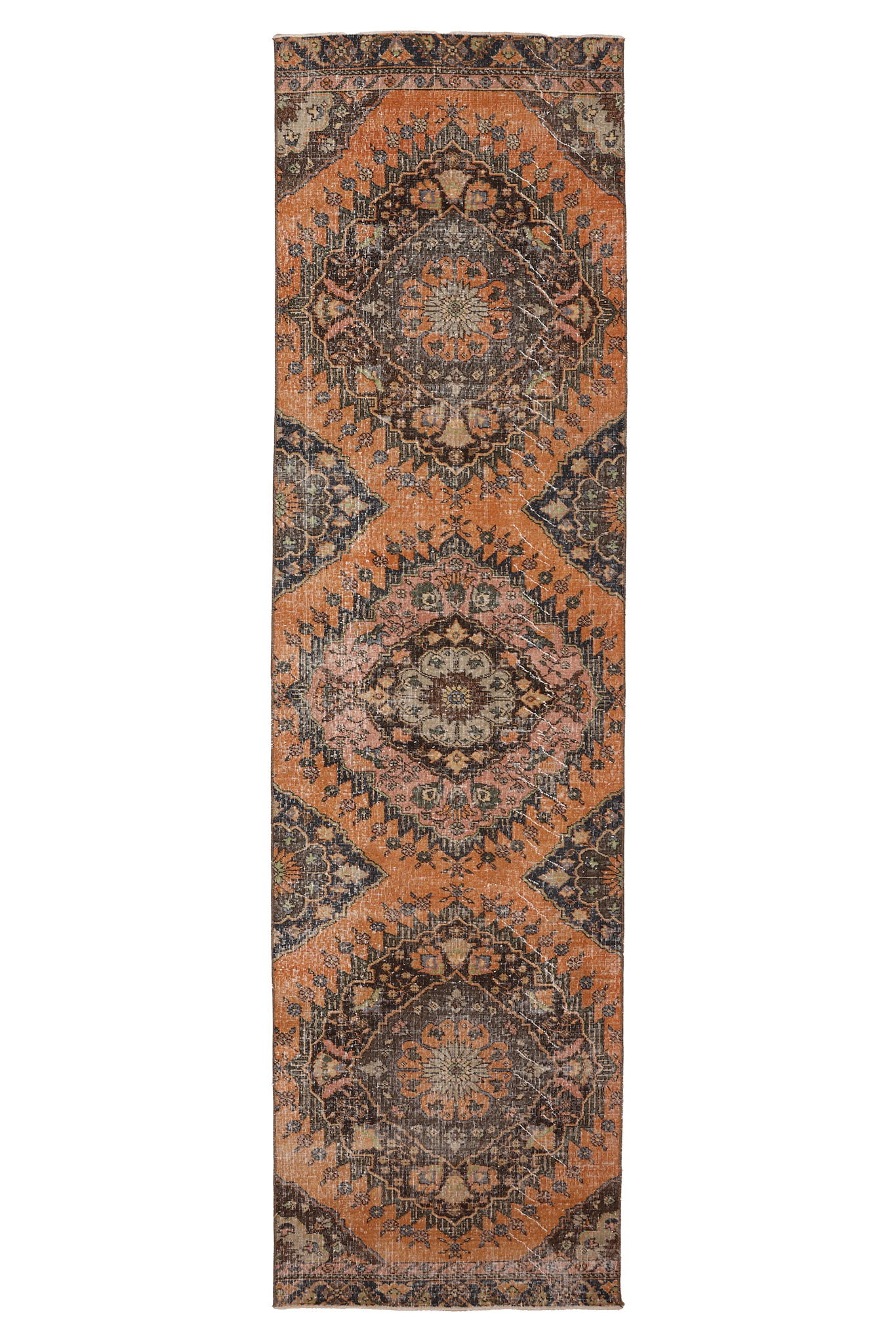 Vintage Konya Turkish Runner Rug 3x12 ft — Orange & Brown Floral (No. 23744)