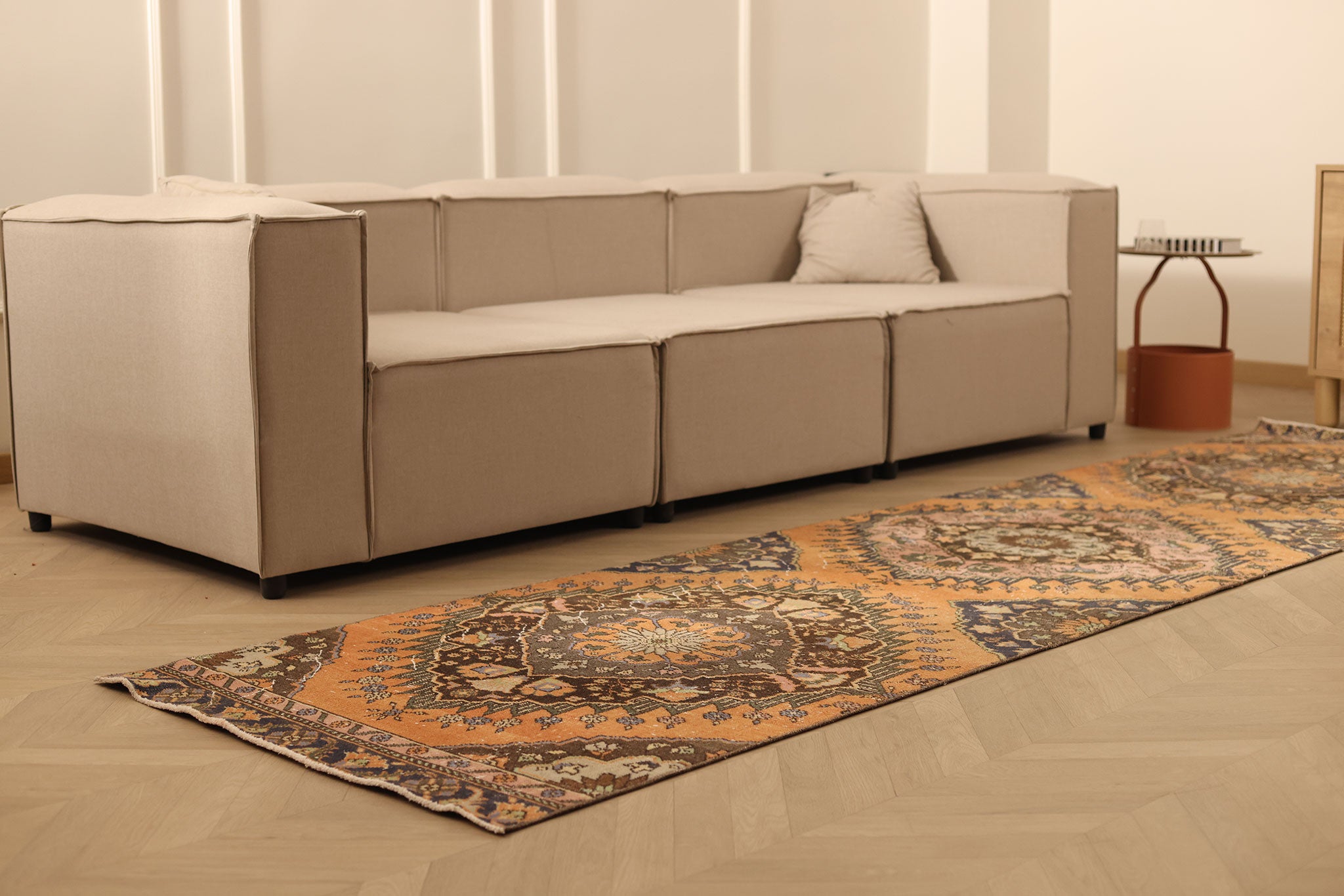 Vintage Konya Turkish Runner Rug 3x12 ft — Orange & Brown Floral (No. 23744)