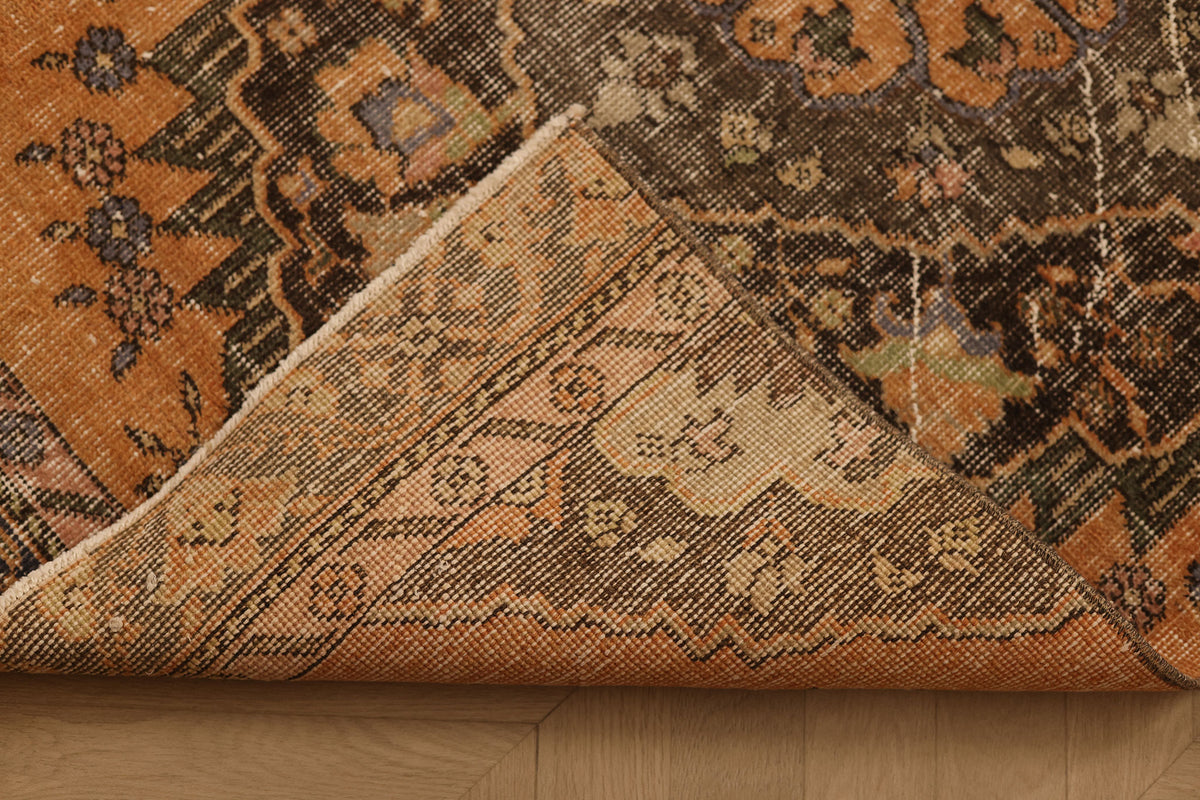 Vintage Konya Turkish Runner Rug 3x12 ft — Orange & Brown Floral (No. 23744)