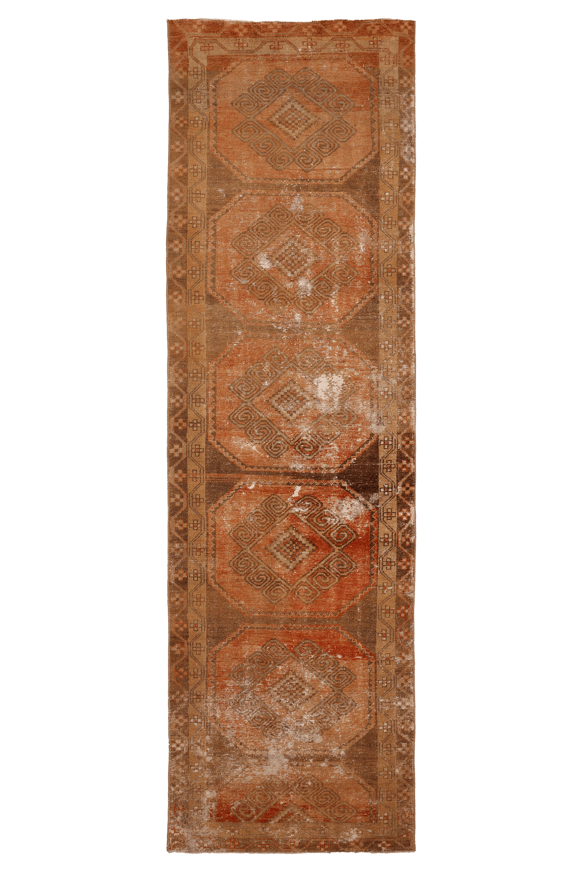 Vintage Malatya Turkish Runner Rug 3x12 ft — Orange & Brown Distressed