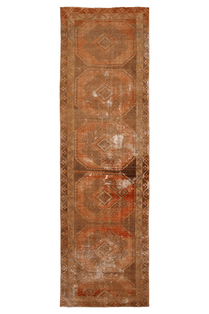 Vintage Malatya Turkish Runner Rug 3x12 ft — Orange & Brown Distressed