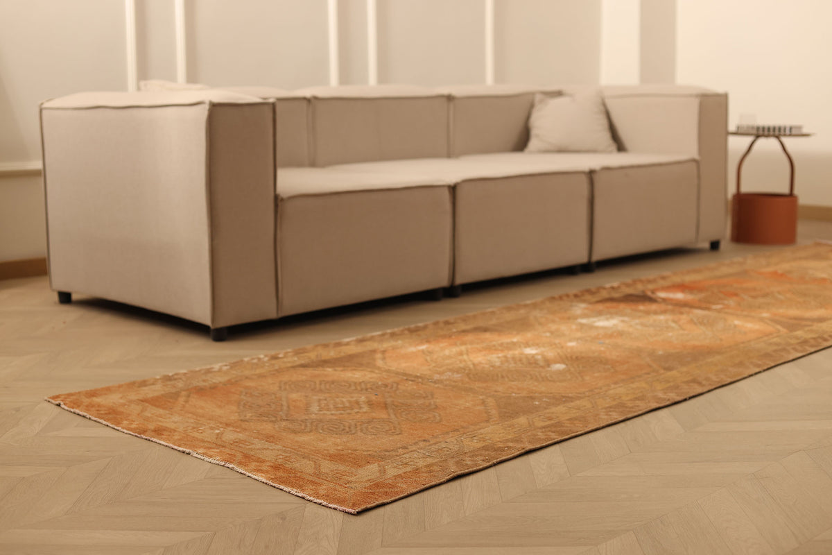 Vintage Malatya Turkish Runner Rug 3x12 ft — Orange & Brown Distressed