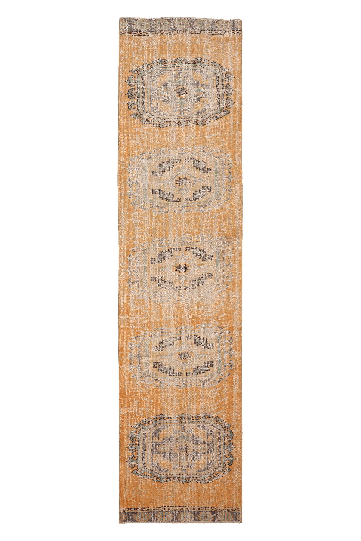 Vintage Manisa Turkish Runner Rug 2x11 ft — Orange & Beige Distressed (No. 23766)