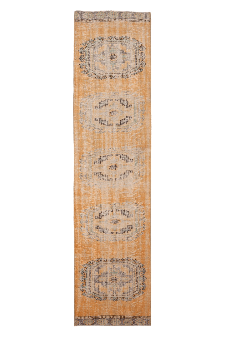 Vintage Manisa Turkish Runner Rug 2x11 ft — Orange & Beige Distressed (No. 23766)