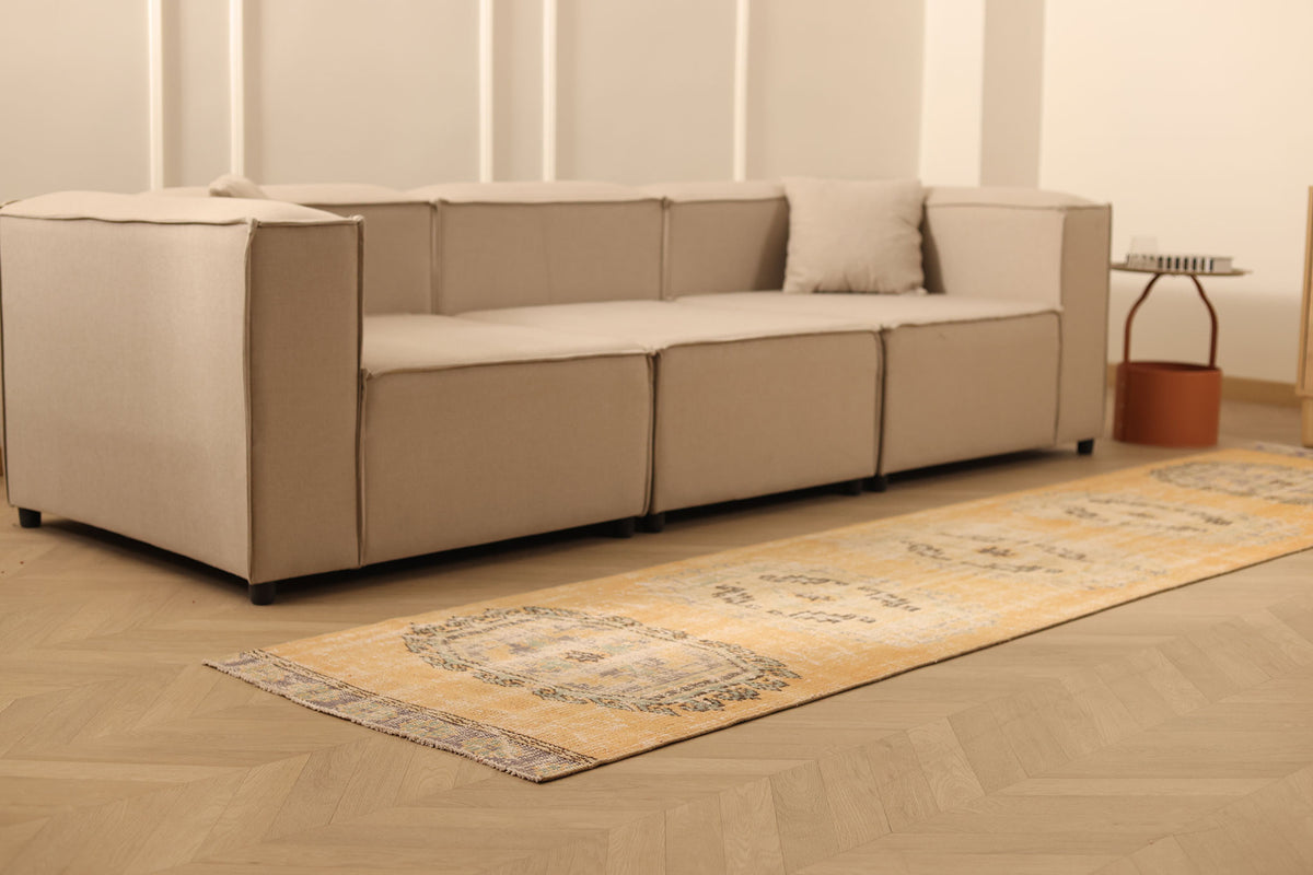Vintage Manisa Turkish Runner Rug 2x11 ft — Orange & Beige Distressed (No. 23766)