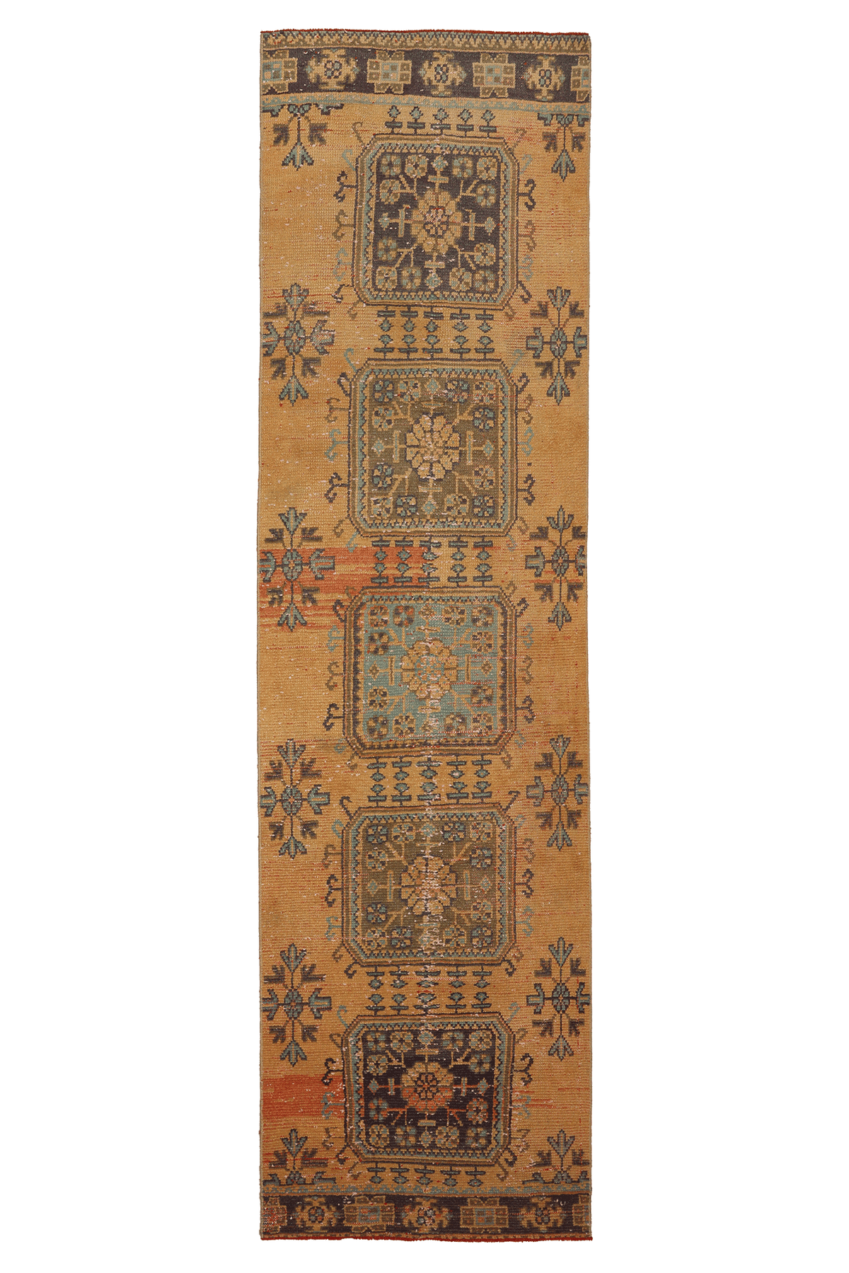 Vintage Konya Turkish Runner Rug 3x11 ft — Orange & Brown Geometric