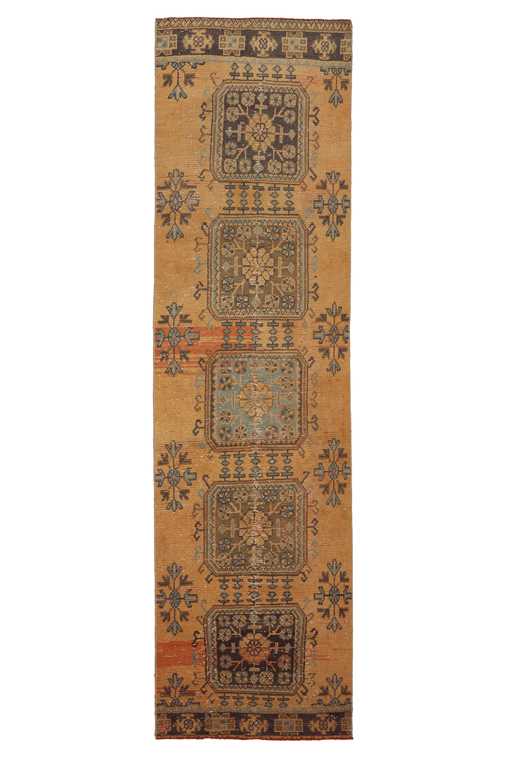 Vintage Konya Turkish Runner Rug 3x11 ft — Orange & Brown Geometric