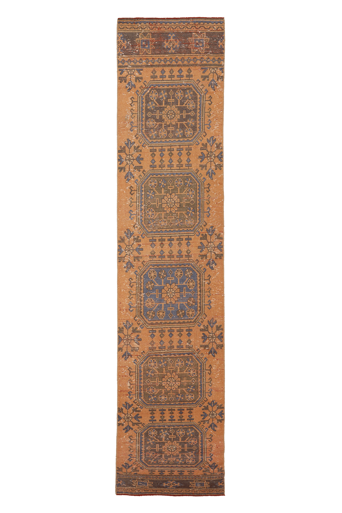 Vintage Konya Turkish Runner Rug 2x11 ft — Orange & Blue Geometric (No. 23768)