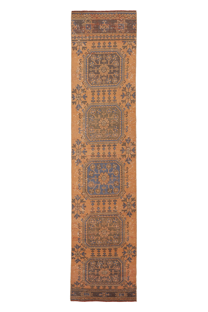 Vintage Konya Turkish Runner Rug 2x11 ft — Orange & Blue Geometric (No. 23768)