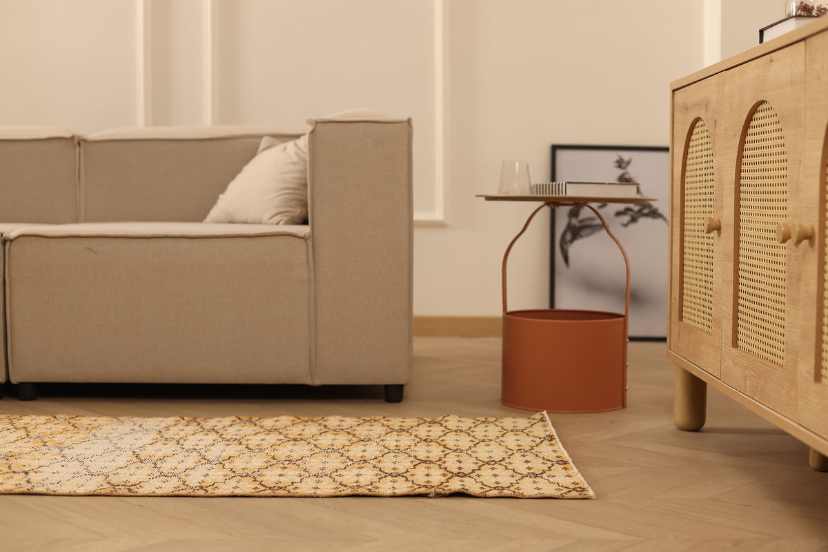 Vintage Manisa Turkish Runner Rug 2x10 ft — Beige & Orange Geometric