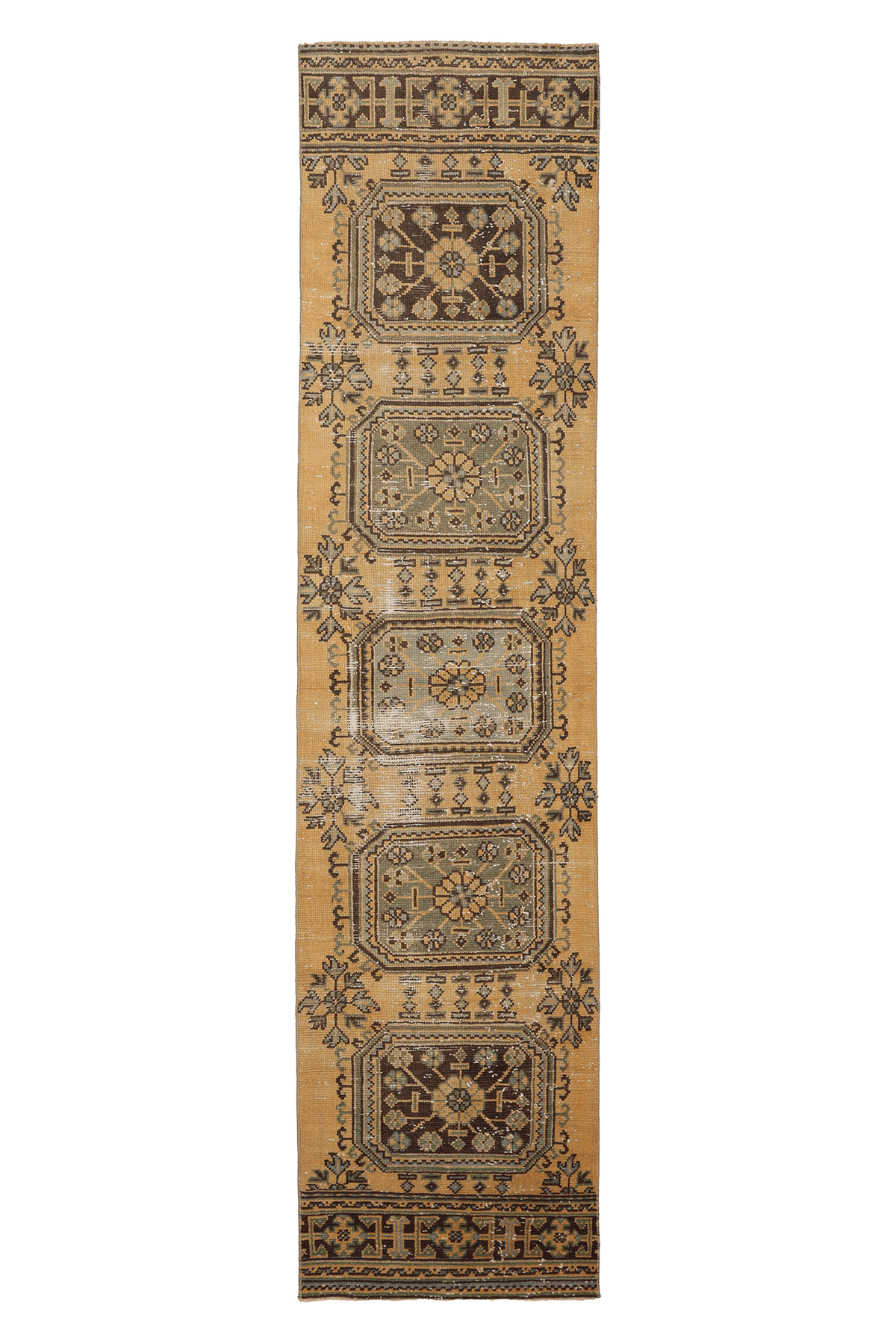 Vintage Konya Turkish Runner Rug 2x11 ft — Orange & Brown Geometric (No. 23778)