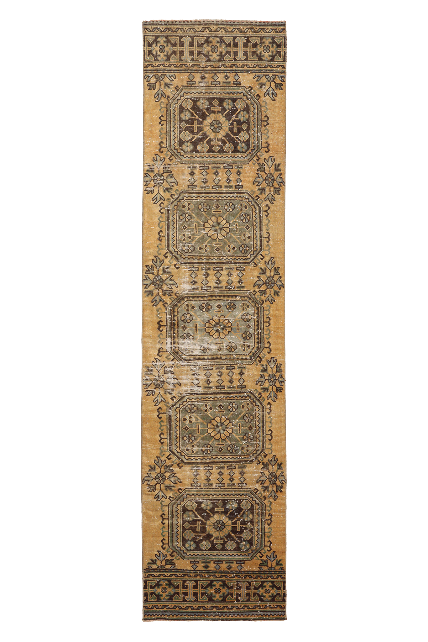 Vintage Konya Turkish Runner Rug 2x11 ft — Orange & Brown Geometric (No. 23778)