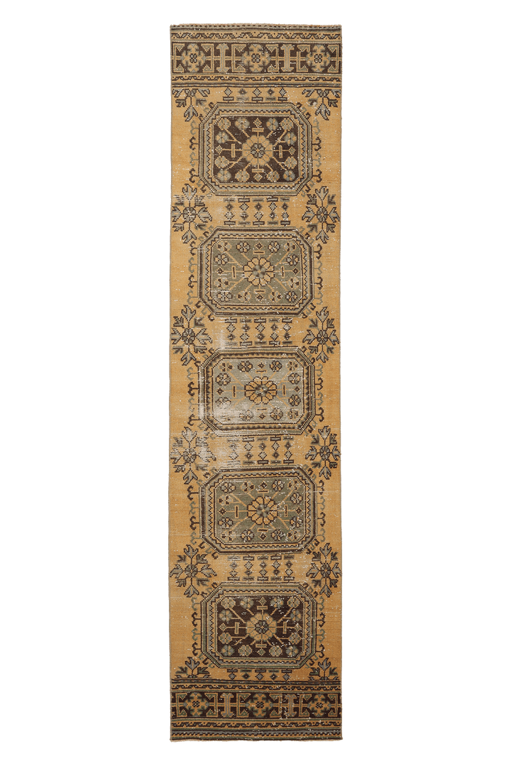 Vintage Konya Turkish Runner Rug 2x11 ft — Orange & Brown Geometric (No. 23778)