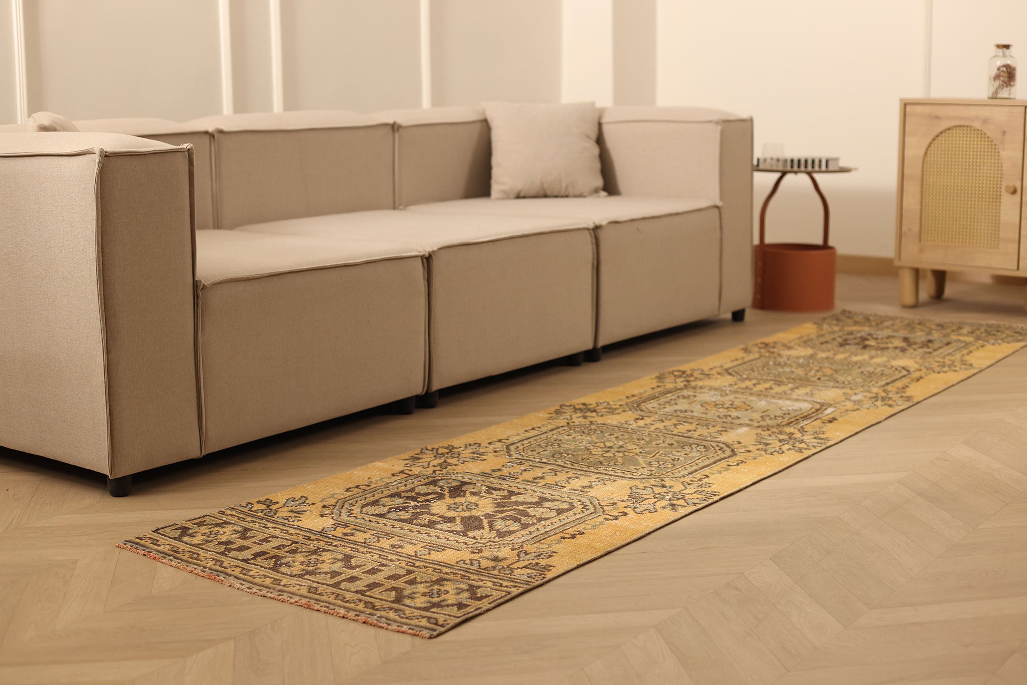 Vintage Konya Turkish Runner Rug 2x11 ft — Orange & Brown Geometric (No. 23778)