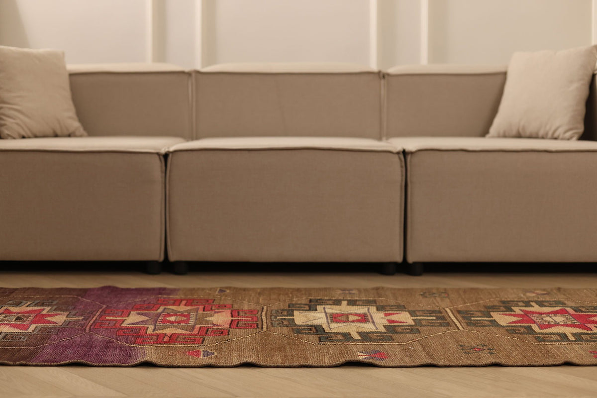 Vintage Kars Turkish Runner Rug 2x8 ft — Brown & Red Geometric