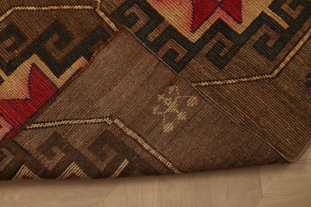 Vintage Kars Turkish Runner Rug 2x8 ft — Brown & Red Geometric
