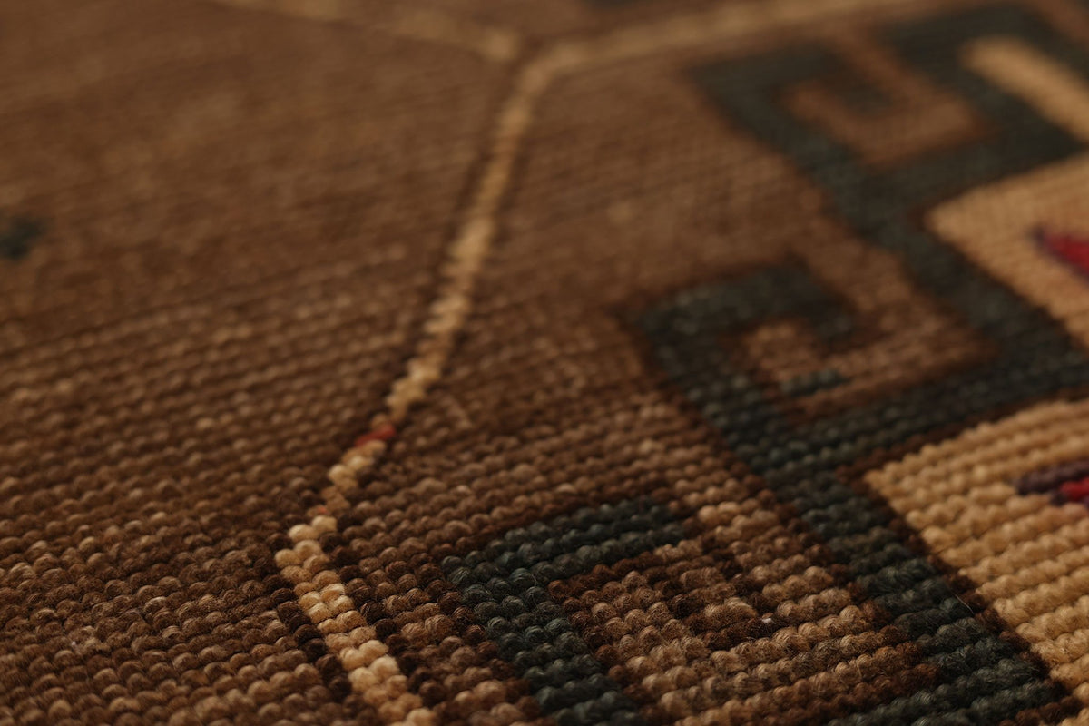 Vintage Kars Turkish Runner Rug 2x8 ft — Brown & Red Geometric
