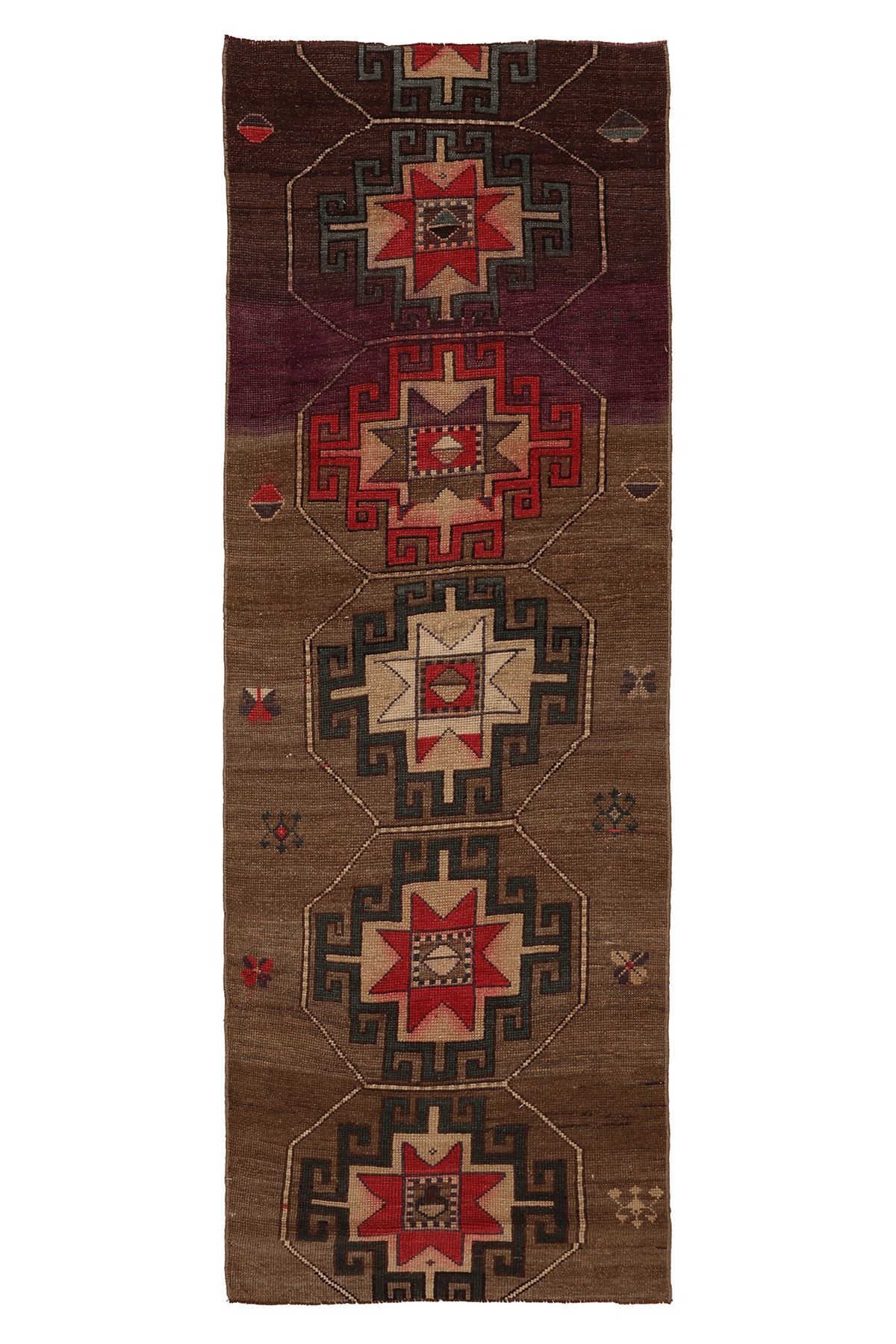 Vintage Kars Turkish Runner Rug 2x8 ft — Brown & Red Geometric