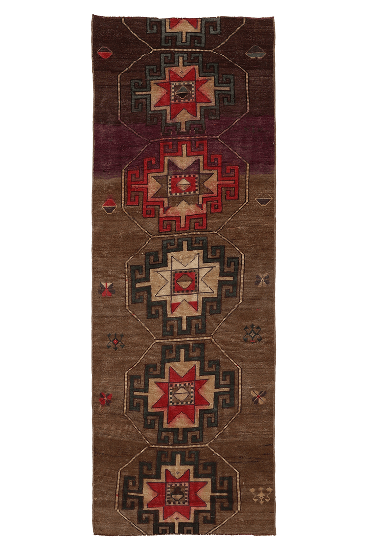 Vintage Kars Turkish Runner Rug 2x8 ft — Brown & Red Geometric