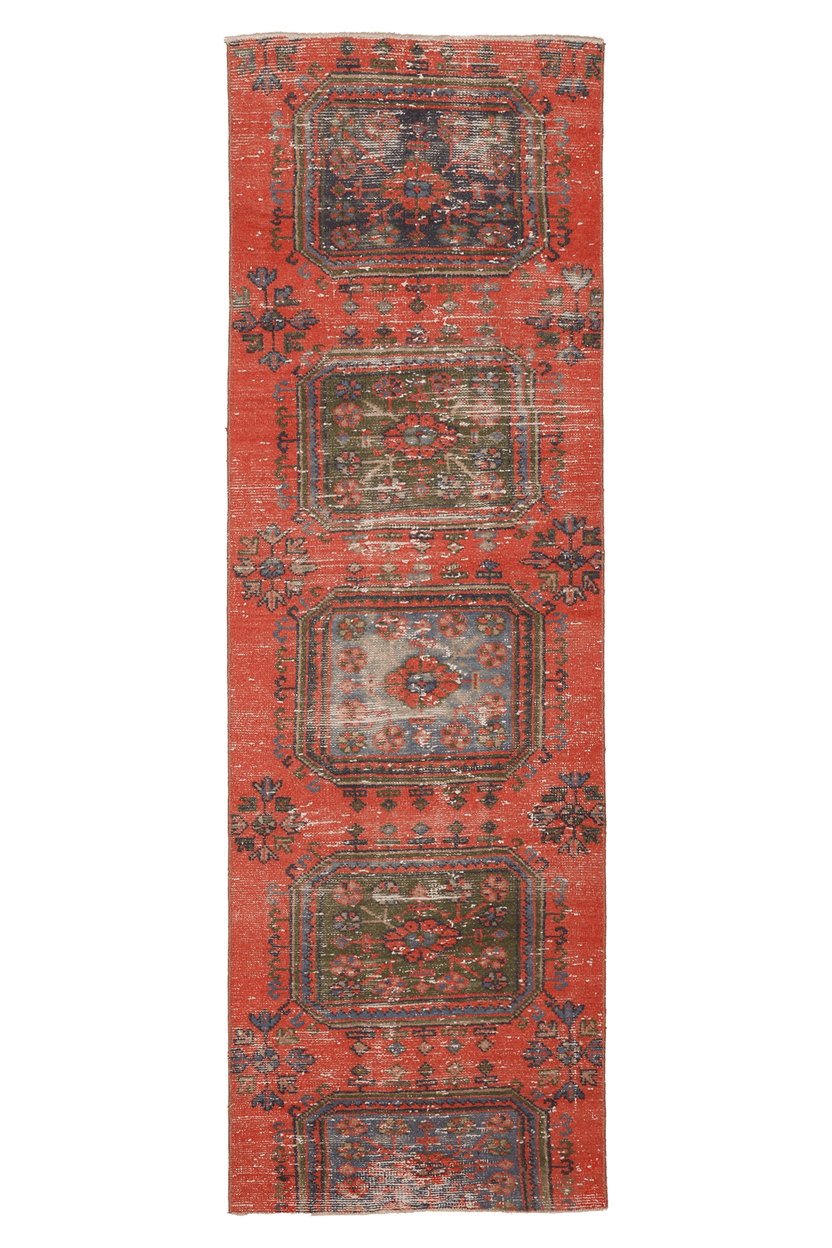 Vintage Konya Turkish Runner Rug 2x8 ft — Red & Green Floral