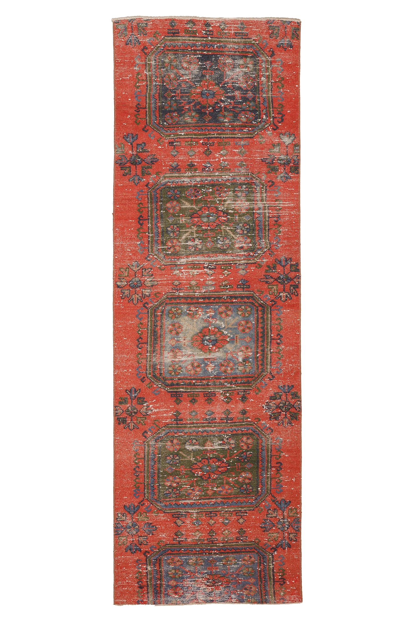 Vintage Konya Turkish Runner Rug 2x8 ft — Red & Green Floral