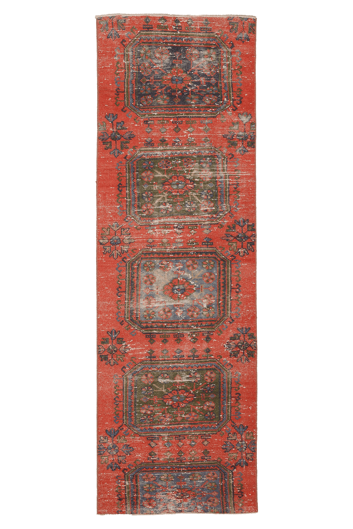 Vintage Konya Turkish Runner Rug 2x8 ft — Red & Green Floral