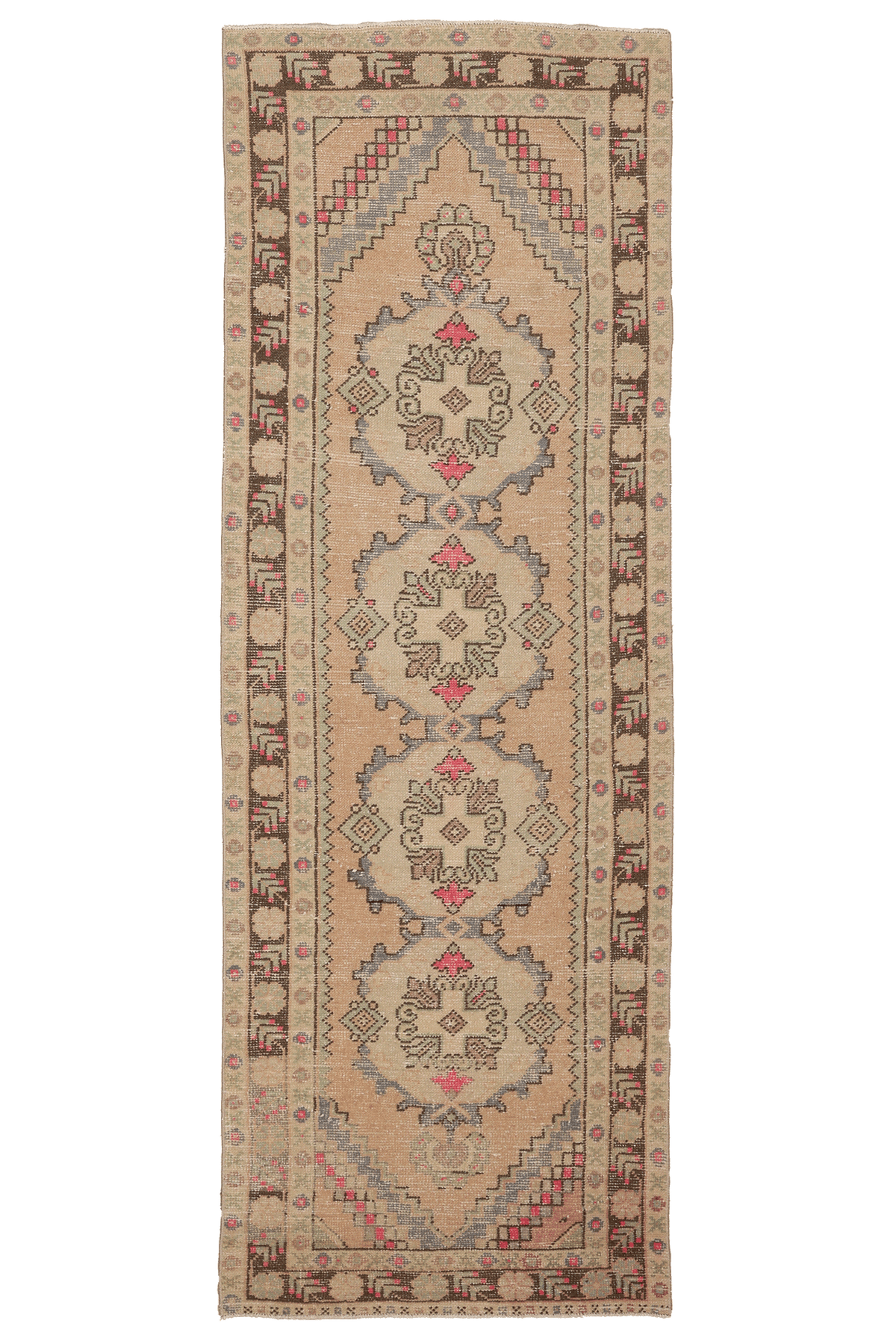 Vintage Niğde Turkish Runner Rug 3x9 ft — Beige & Brown Geometric (No. 23904)