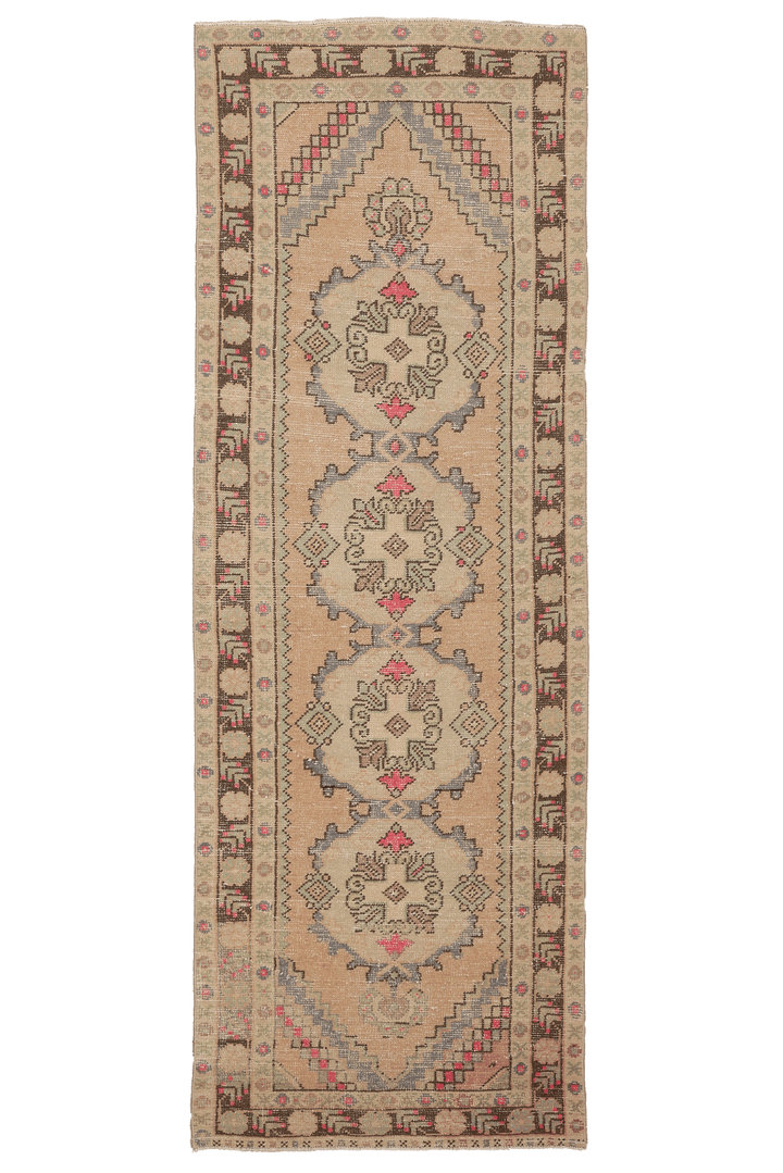 Vintage Niğde Turkish Runner Rug 3x9 ft — Beige & Brown Geometric (No. 23904)