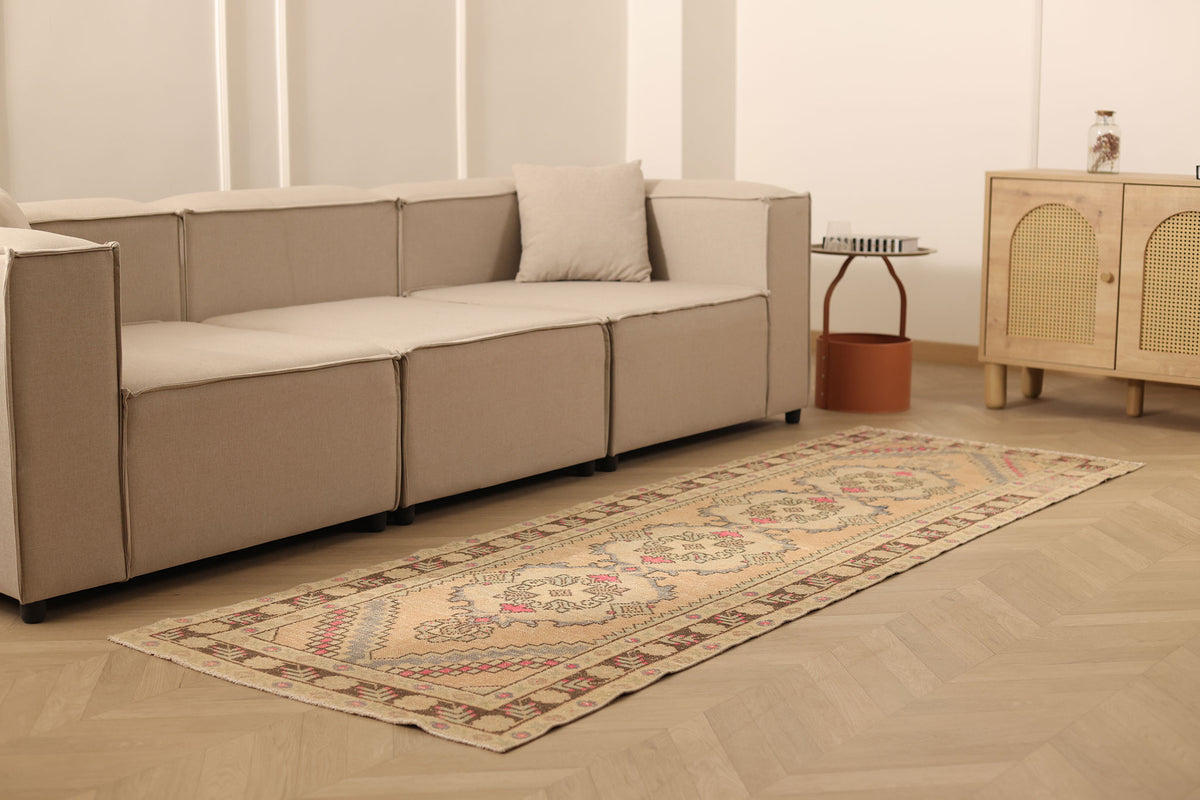 Vintage Niğde Turkish Runner Rug 3x9 ft — Beige & Brown Geometric (No. 23904)