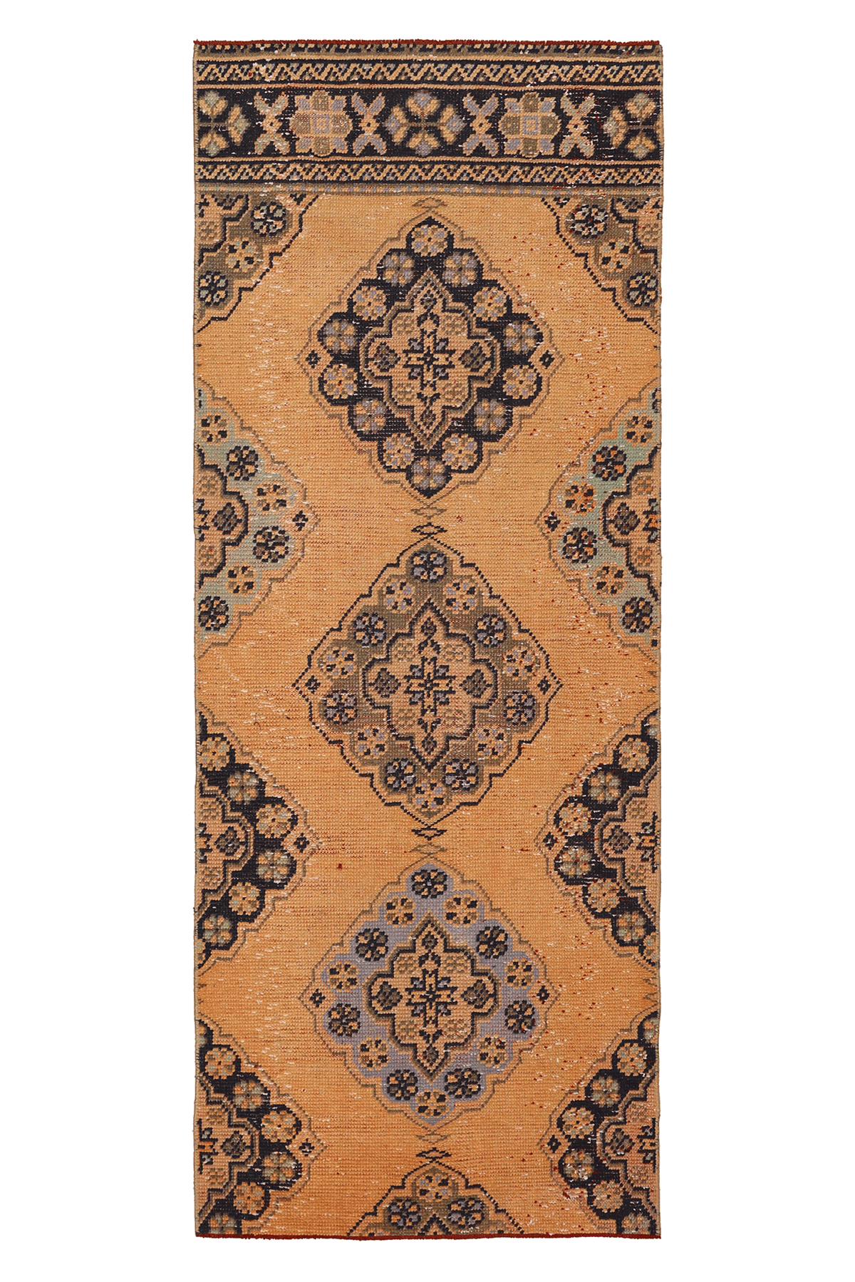 Vintage Konya Turkish Runner Rug 2x7 ft — Orange & Brown Geometric