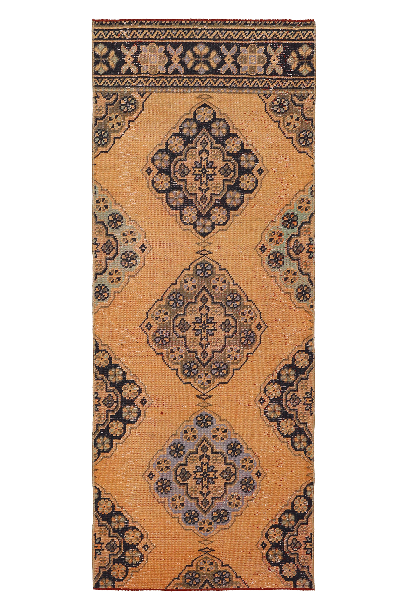 Vintage Konya Turkish Runner Rug 2x7 ft — Orange & Brown Geometric